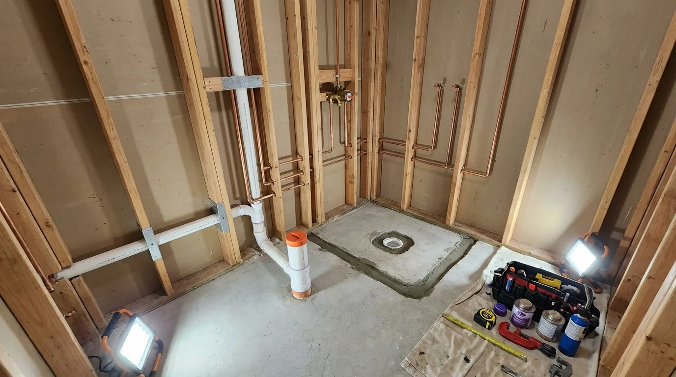 Bathroom rough-in plumbing during remodel by Johns Plumbing LLC in Nanticoke