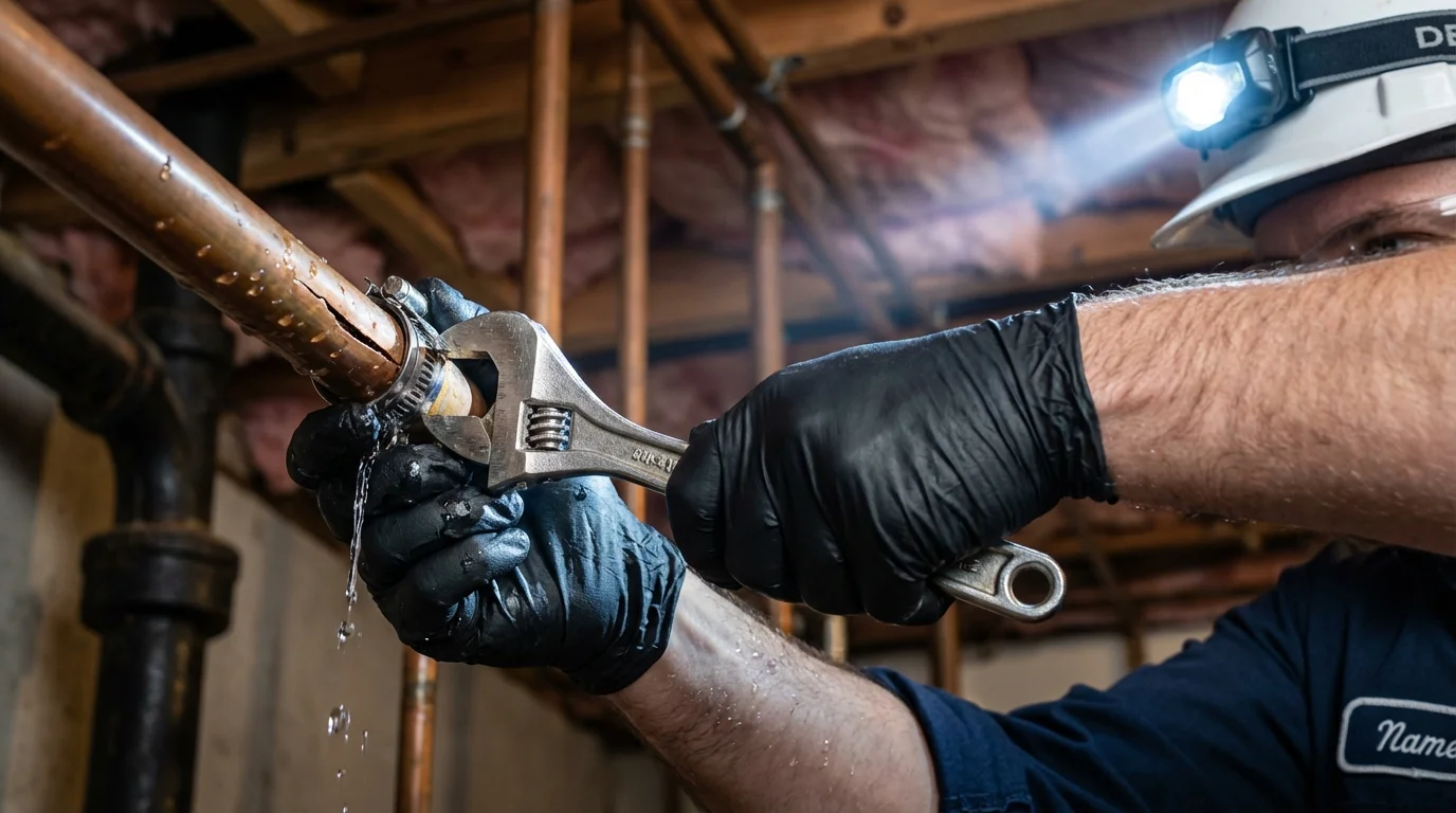 Emergency pipe clamp repair being performed by a Johns Plumbing LLC plumber in Nanticoke