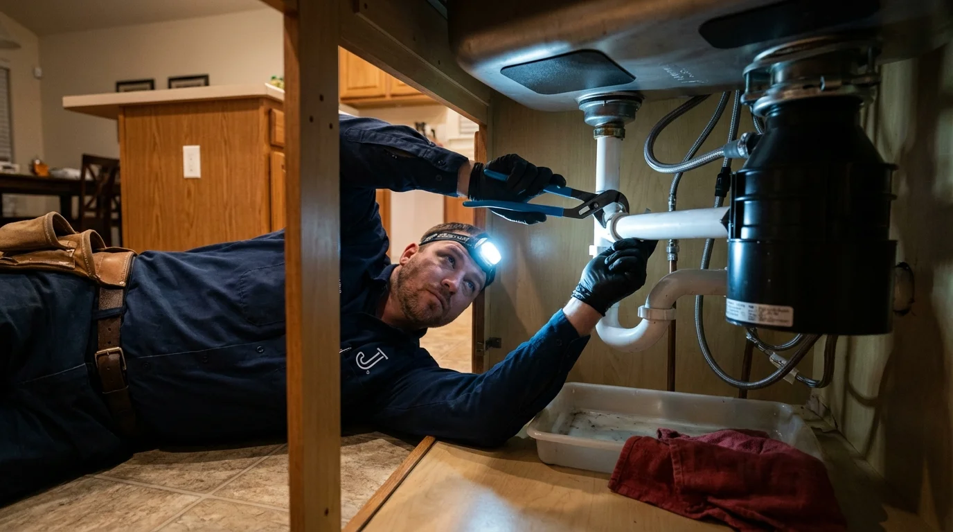 P-trap and supply line connections under a kitchen sink showing a common leak point in Nanticoke, PA